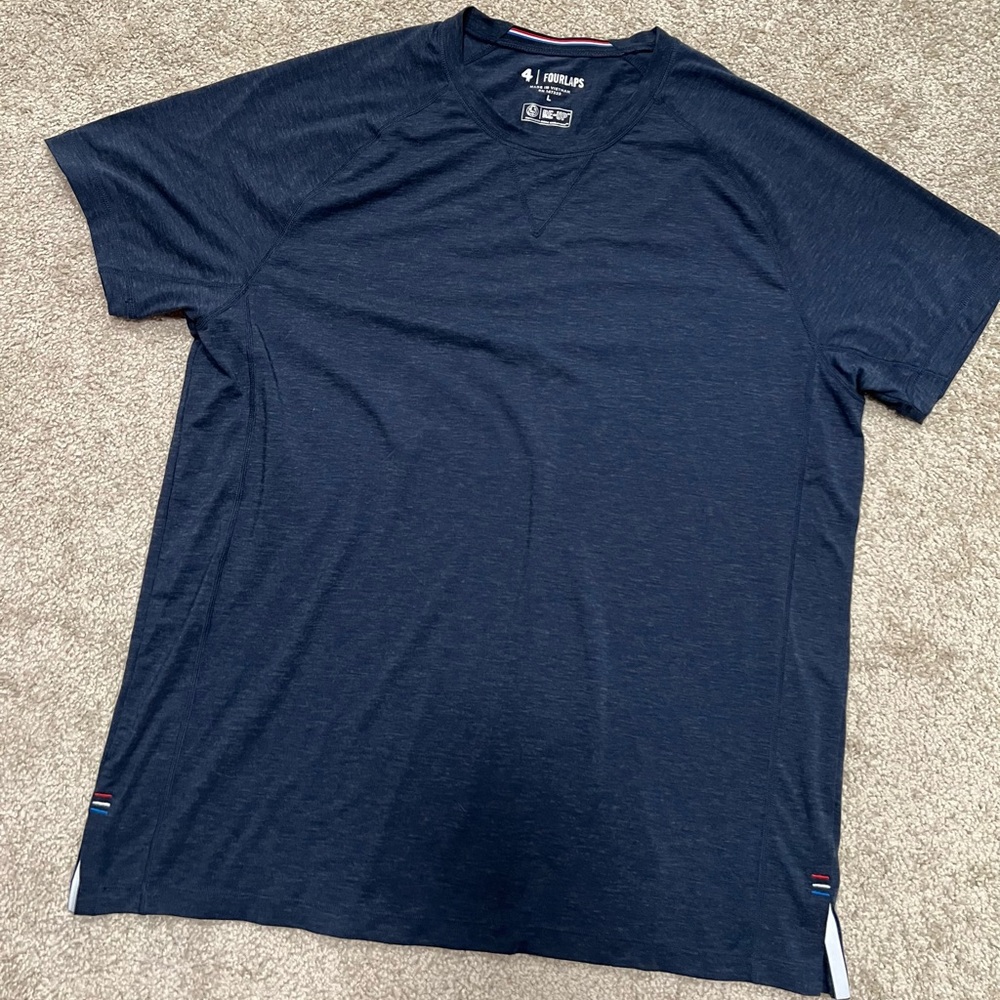 Four Laps Wool Knit T Shirt Sz L Blue Hike Gym Mountain Preppy Trail Men
